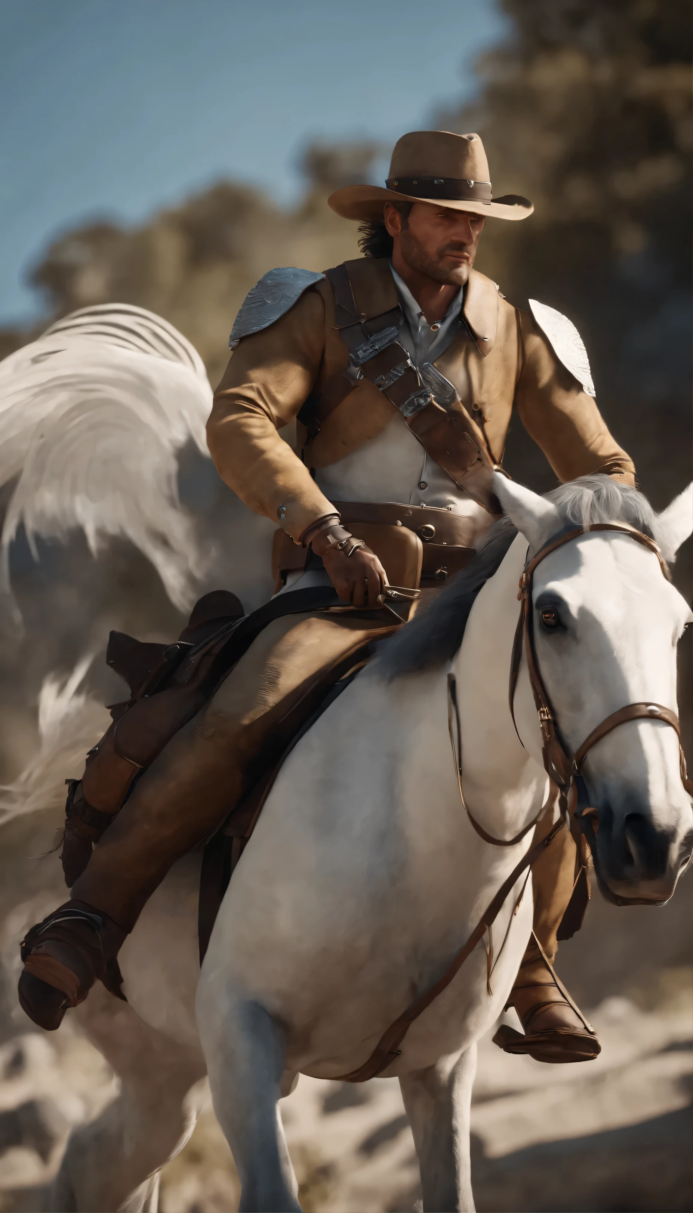 Maya、Blender、Ultra-realistic 8K Octane renders crafted in Photoshop、Cinematic atmosphere、dynamics、Creates dramatic cinematic lighting、Bring Arthur Morgan from Read Dead 2 to life。They wear futuristic gold uniforms with vibrant blue trim.、His muscular complexity and correct anatomical structure、Displayed in all its aesthetic beauty、It is a masterpiece of high resolution。The 12-caliber gun in his right hand、Accurately modeled、It is textured、Majestic(((Pegasus)))Sitting on a white horse、Dynamically posed Captain adds to the hyper-realistic storytelling