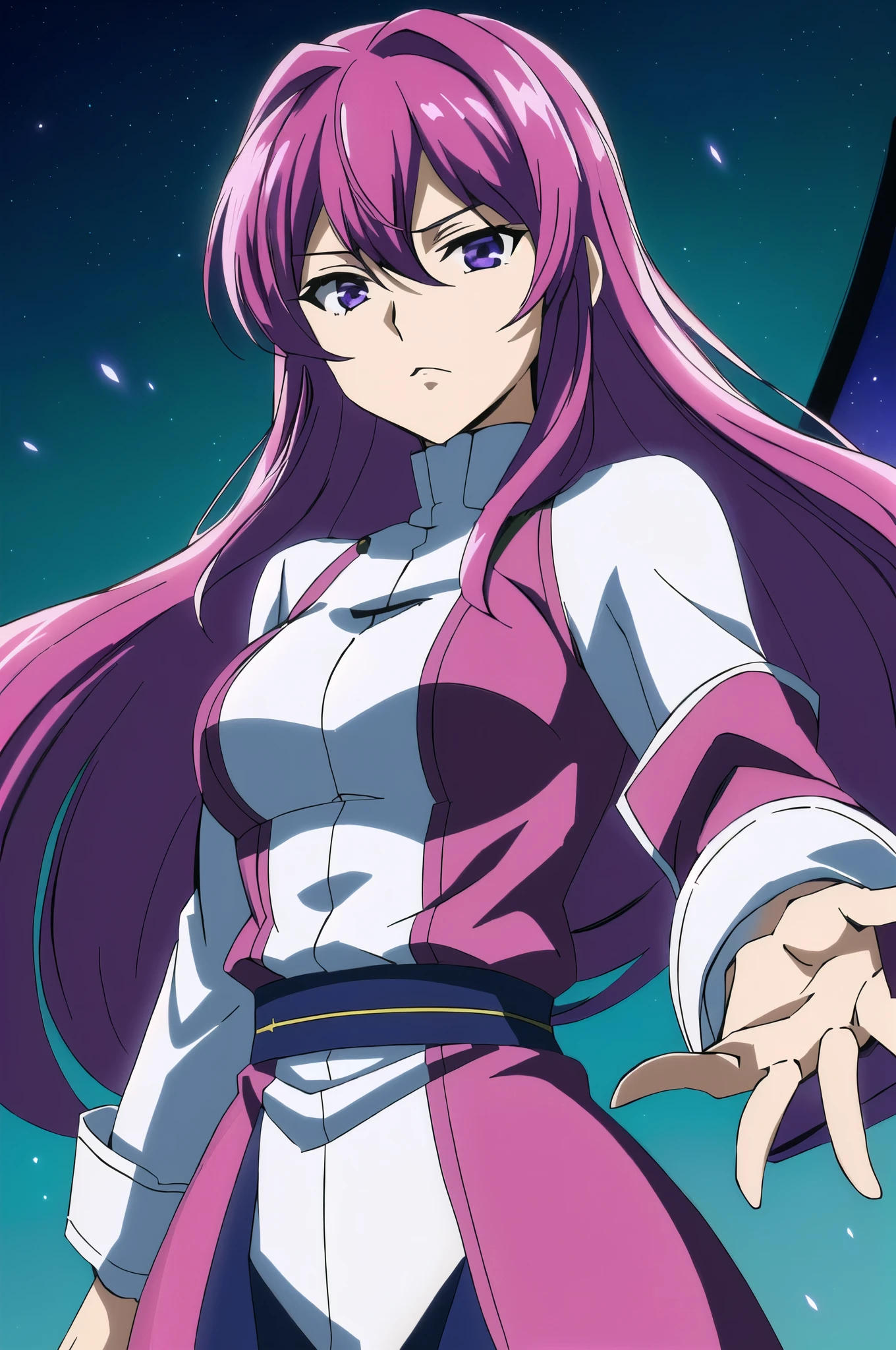 masterpiece,best quality,1girl,solo,lacus clyne,gundam seed,grey eyes,pink hair,long hair,bangs,hair ornament,japanese clothes,black sleeveless kimono,bare shoulders,red hair ribbon,<lora:SDXL_LORA_CHARACTER_LACUS CLYNE_V1A:1>,spacecraft,inside the spaceship,indoors,chair,upper row,serious,sitting,arched_back,front view,full_shot,from_below,