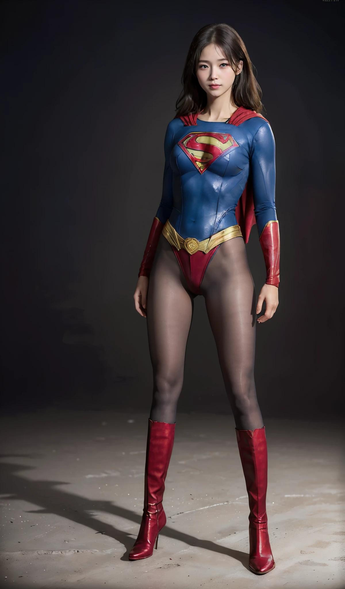 No background、(((Beautiful legs in black tights.)))、(((Legally express the beauty of your smile)))、((((Make the most of your original images)))、(((Supergirl Costume)))、(((Beautiful boyish hairstyle)))、(((suffering)))、(((Please wear black tights....、Wear red boots)))、((Best image quality、8k))、((highest quality、8k、masterpiece:1.3))、(((Preserve background )))、Sharp focus:1.2、Beautiful woman with perfect figure:1.4、Slim Abs:1.2、Wet body:1.5、Highly detailed face and skin texture、8k