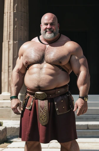  A shirtless Spartan warrior obese full body bodybuilder with a very oiled body a sweaty smiling old man with a shaved head and extremely muscular and extremely fat over 70 years old weighing over 600 pounds very muscular very hairy, large pectorals with dark gynecomastia nipples on the acropolis of imperial Thebes with a small red linen skirt with bronze applications and a leather harness on the torso 