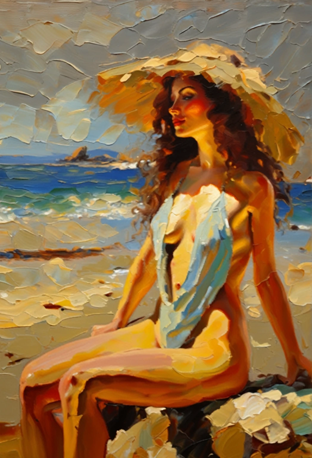 Masterpiece oil painting in Visible heavy oil colors brushwork of most beautiful female on Earth nude sunbathing naked on beach, strong Impressionist brush marks, impasto, elegant composition,