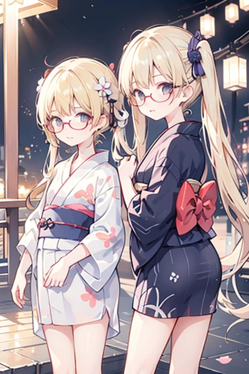 Two Girls,girl friend,micro yukata,Unbuttoned,Blonde twin tails,Disheveled clothes,(The yukata is transparent:1.2), ((younger sister:1.5)),Glasses,Flat Chest,