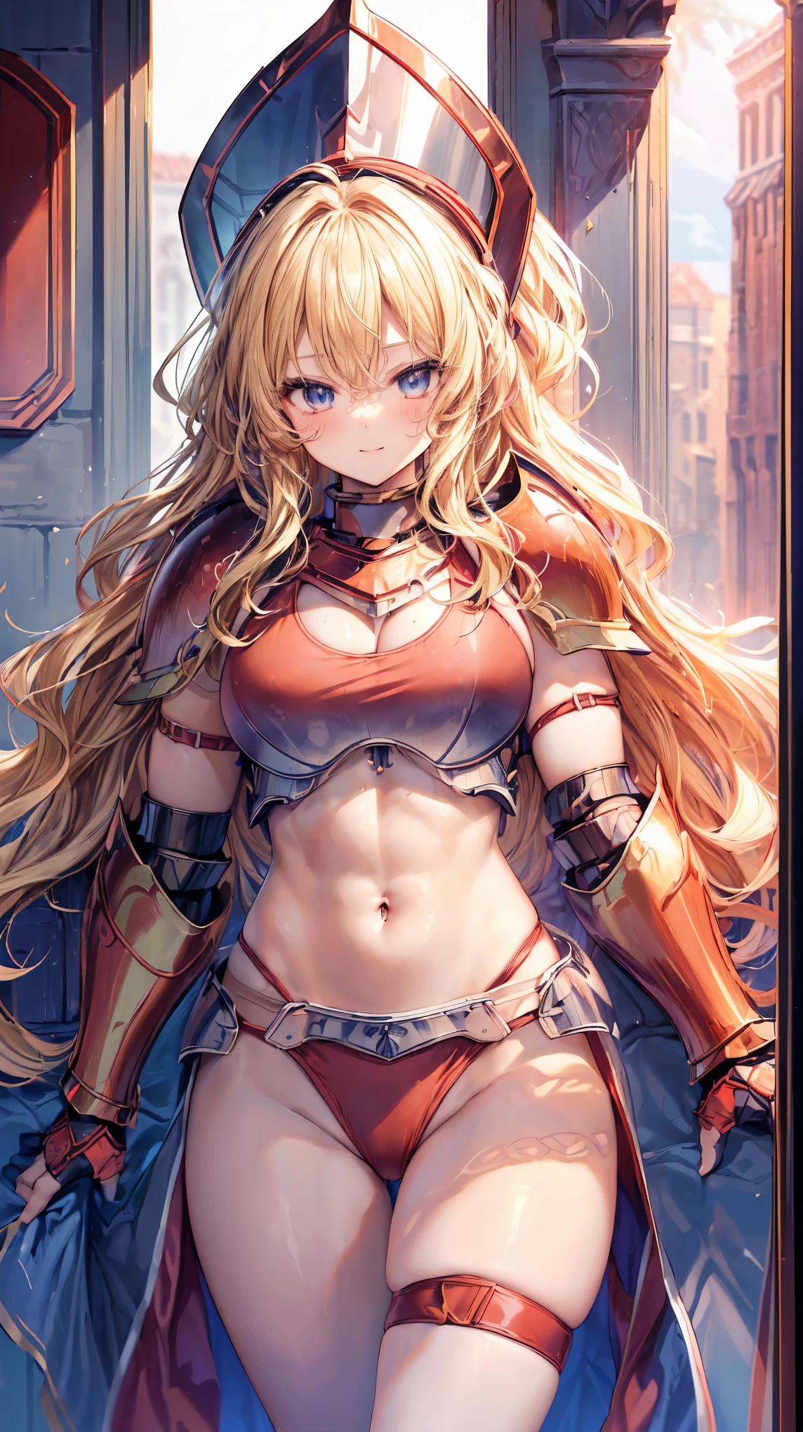 Very detailed、highest quality、Best image quality、masterpiece、8k、Anime Face、A kind smile、Open your mouth、Sparkling blue eyes、(Blonde wavy hair:1.5)、、Muscles of the whole body、camisole、Thigh belt、mini skirt、(Wearing red bikini armor:1.5)、(Cowboy Shot:1.5)、(Leg armor:1.5)、Wearing a helmet