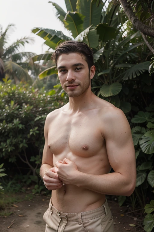 Lifestyle Portrait  A Taiwan|Italian Handsome Male , Summer Outfit , 26 Year Old, Enjoying the view in the jungle, Outdoor, Shot From GoPro Photography, Lifestyle pose , ( Glowing light) ,Lifestyle Pose , (Good Mood Guy) ,( Lean Body) pale skin