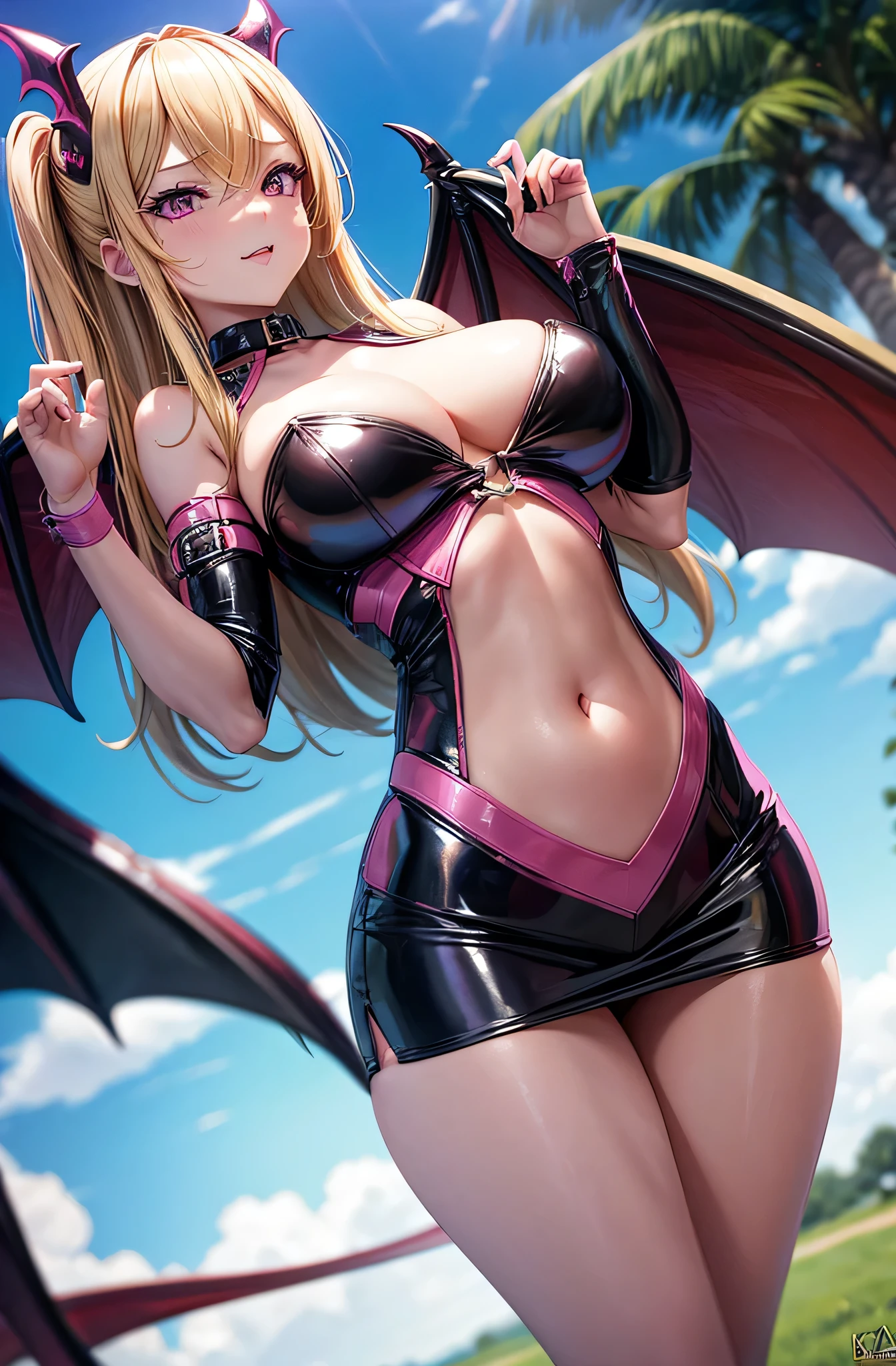 blonde marin kitagawa, pink eyes, sexy latex succubus, curvy, evil, wings, succubus tail