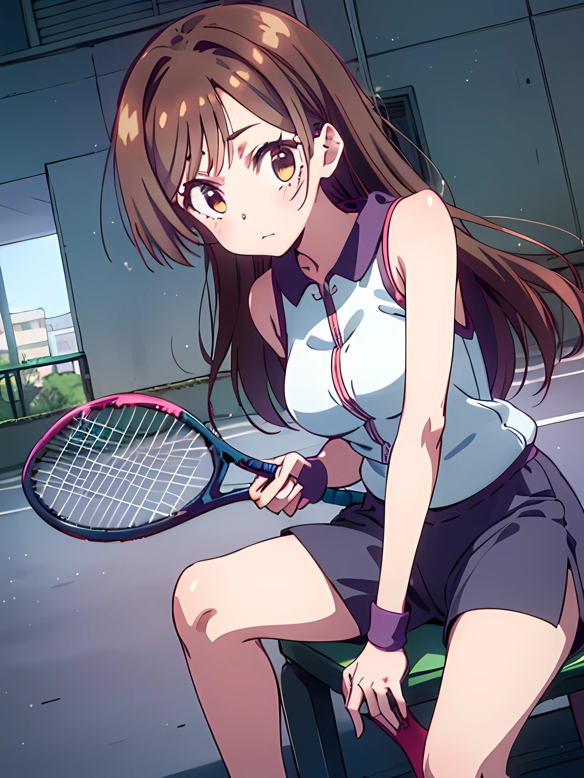 chizuru mizuhara, holding a tennis racket, sportswear, tennis shorts, looking at the screen, super cute