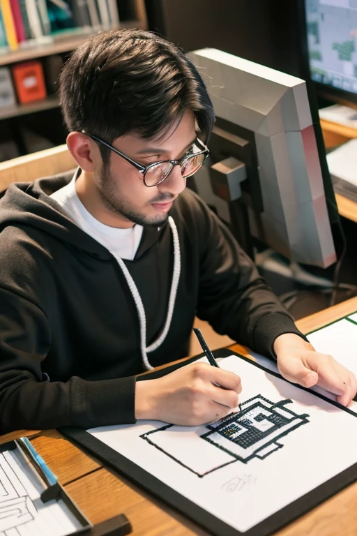 An ordinary man in his 30s Drawing someone wearing Minecraft clothes WQHD