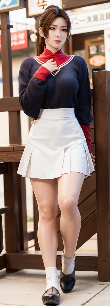 Mai Shiranui, (best quality,ultra-detailed),(Realistic:1.37), beautiful and detailed face, Ultra-realistic texture, delicate face, athletic body, vivid colors. High definition, 8k, expression smilling