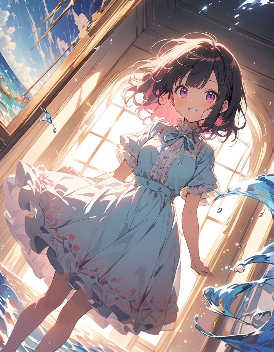 (masterpiece),(highest quality), figure, (Fantasy:1.4), Gray wavy hair, Long eyelashes, Round eyes, smile, (cherry blossoms:1.2)、(oysters:2)、(美味しいOceanの幸)、(清浄Ocean域アジワ)、(Warm Beach:1.4)、(Ocean:1.6)、Outdoor、Surrealism, Anaglyph, Stereogram, Atmospheric perspective, 8k, Super Detail, Accurate, highest quality, 超High resolution, Textured skin, Pale maroon frilled dress, (pastel colour) , paper_cut、(highest quality、masterpiece、High resolution、detailed)、animeスタイル、Flat Style、(Shining Eyes、detailed美しい顔), BREAK,1 girl、extremely detailed(The Shining), Best lighting, Best Shadow、floating, (High saturation),Dynamic Angle、anime