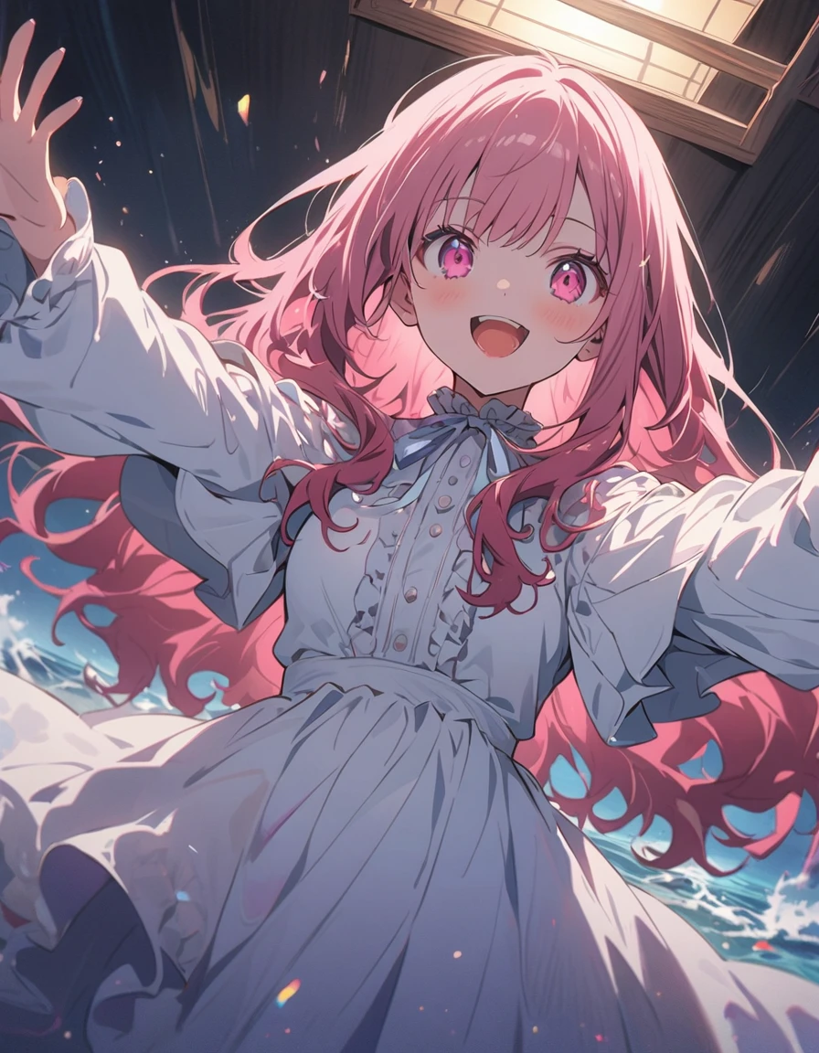 (masterpiece),(highest quality), figure, (Fantasy:1.4), Gray wavy hair, Long eyelashes, Round eyes, smile, (cherry blossoms:1.2)、(oysters:2)、(美味しいOceanの幸)、(清浄Ocean域アジワ)、(Warm Beach:1.4)、(Ocean:1.6)、Outdoor、Surrealism, Anaglyph, Stereogram, Atmospheric perspective, 8k, Super Detail, Accurate, highest quality, 超High resolution, Textured skin, Pale maroon frilled dress, (pastel colour) , paper_cut、(highest quality、masterpiece、High resolution、detailed)、animeスタイル、Flat Style、(Shining Eyes、detailed美しい顔), BREAK,1 girl、extremely detailed(The Shining), Best lighting, Best Shadow、floating, (High saturation),Dynamic Angle、anime