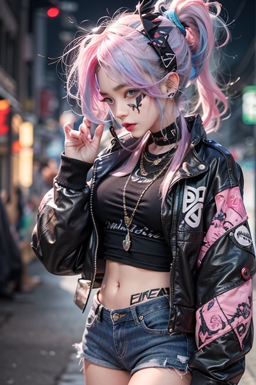 punk girl、Tosaka、No mohawk sleeves、The tattoo、head phone、🎧、goth_punk, 1girl in, solo, medium shot, Walking in Harajuku, ((during night)), bokeh dof, Neon light, Iridescent eyes, starrysky, red glowing hair, Black eyebrows, Radiant hair, (iridescent red hair), 耳Nipple Ring, bangss, jewely, masks, bluntbangs, verd s eyes, Mouth mask, blurry backround, bblurry, hair adornments, Look at viewers, shorth hair, portraitures, side locks、goth、(masutepiece), (Portrait), (Aesthetic), (Beautiful), (upper blody), (High quality), (aesthetic clothings), (professional angle), (thirds rule), (Feminine), (Woman), (Female), (Beautiful),(Feminine features), (25-years old), Solo, 1 woman, (Charming punk girl), Winters, Dramatic light, ((Playing guitar)), (Standing), Edgy makeup, (Small bust), ((electric guitar)), (Front face), (Defiant expression), ((defiance)), (Leather jackets and tattoos), ((Short hair)), (dyed (E.G. and pinks) hair), (spiky hair), (Thick hair), Matte Shine Hair, (Hair bands scattered in the hair), (Green eyes), (Bold and bold look), (pale skin), (Dark clothes), (Band T-shirt), (Ripped jeans), (-), crew neckline), ((Urban alley background)), (up close shot), Beautiful hands, Two hands, normal hands, Two arms, complete hands, Beautiful body, Beautiful fingers, normal fingers, Five Fingers, Five Fingers, (Thumb index finger ring finger), Beautiful ears, normal ears, Beautiful eyes, shiny eyes, Beautiful mouth, Beautiful lips,