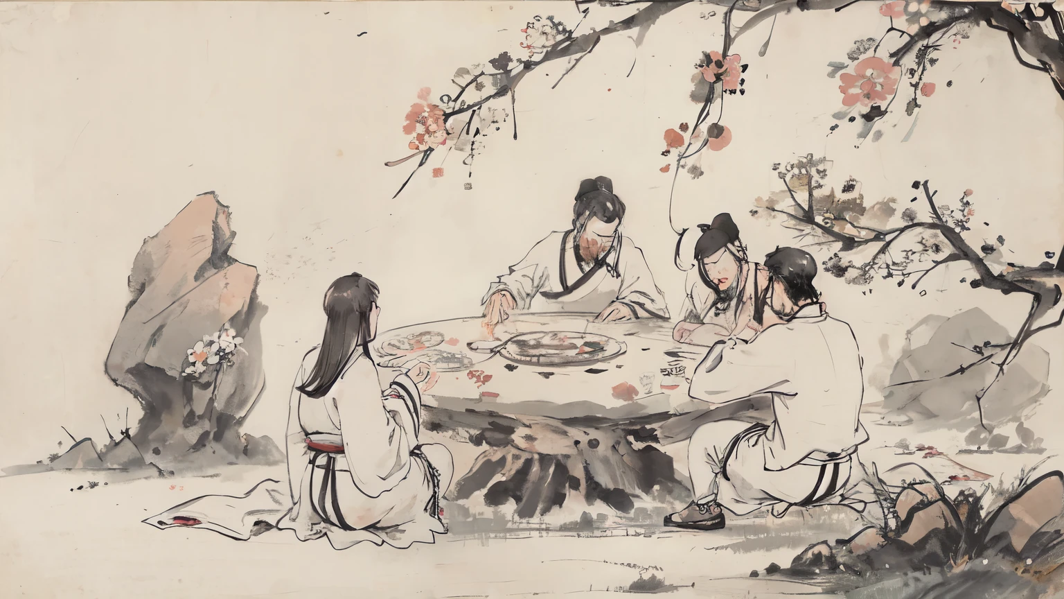 (masterpiece, best quality: 1.2), Traditional Chinese ink painting, Stone round table,grassland,Flowers,Two characters