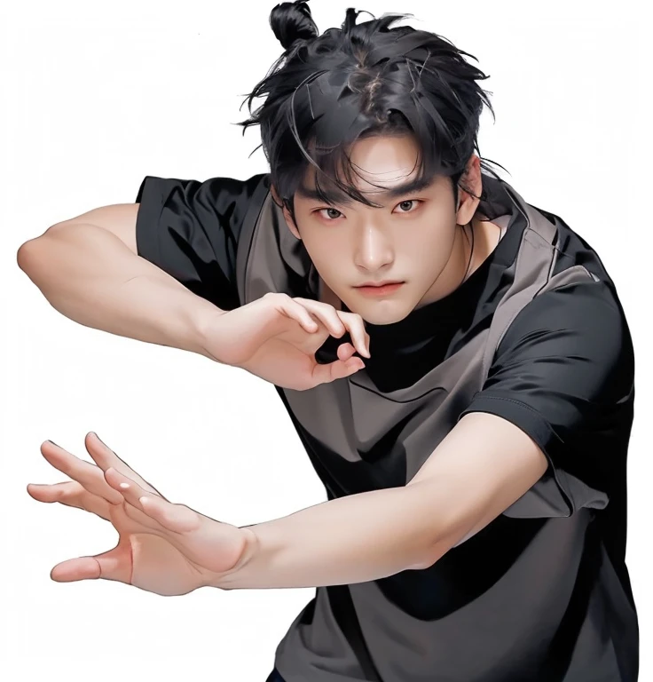 a close up of a man with a black shirt, red eyes, black hair