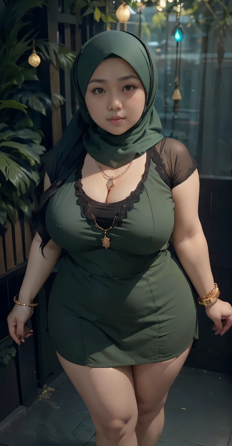 1 malay girl, modern plain hijab, shy, medium portrait, watery eyes, wearing dark green kebaya, ((big breasts)), black bokeh background, well-proportioned body,, chubby massive thighs, full body pose, wearing a necklace , wearing 10 bracelet , wearing a sneaker