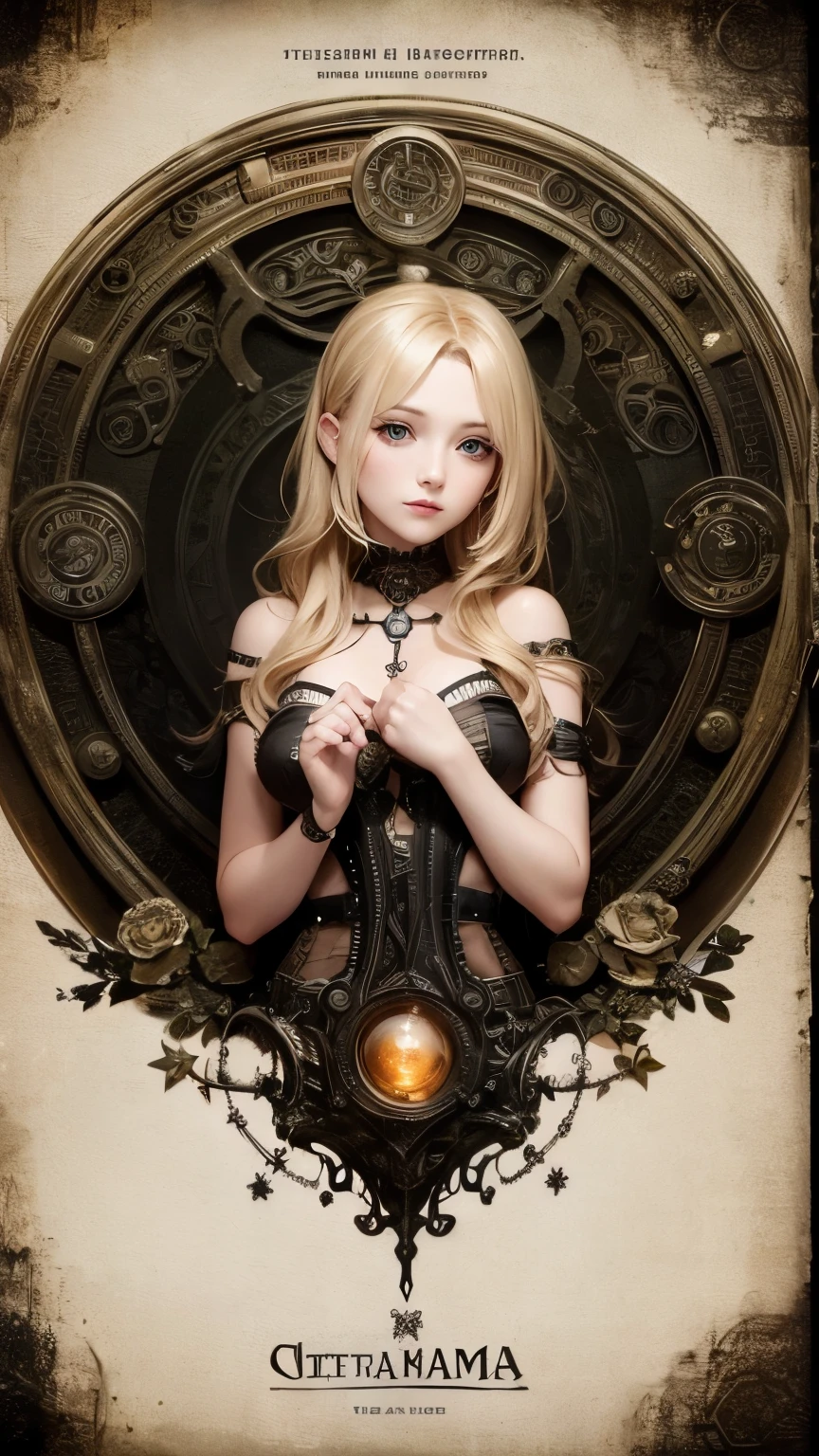 steampunkai。highest quality。Masterpiece。Detailed details。One Woman。Beautiful Witch。Blonde Long Hair。See who's watching。((smile))。((The background is a forest with bright sunlight streaming in.))。
