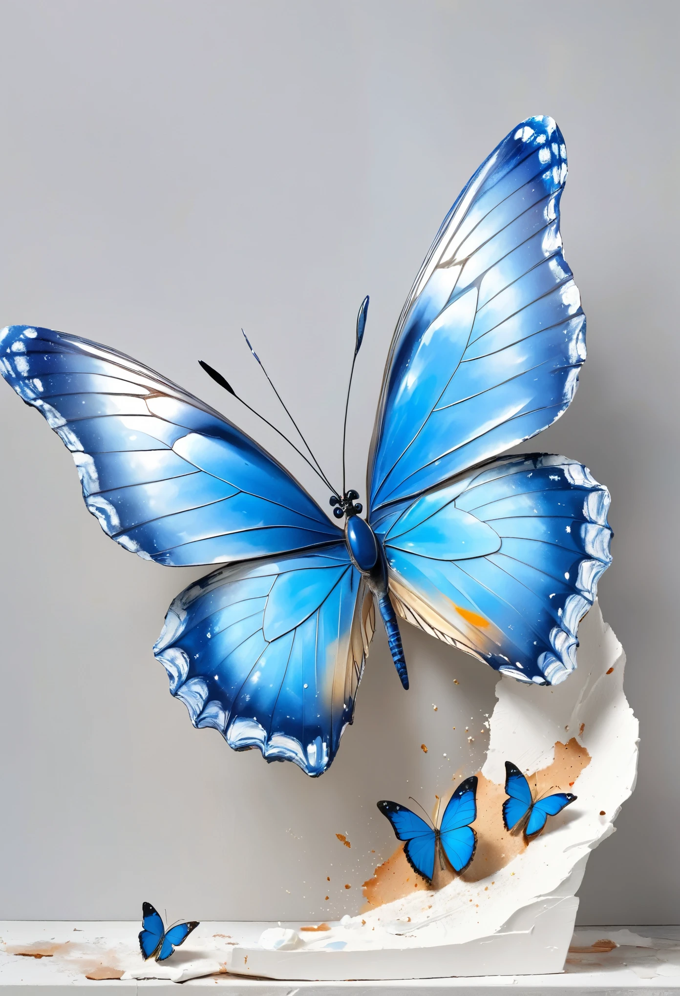 Art work，3D，A delicate blue butterfly in the portrait on a broken white plaster statue，Low paint，grace，
