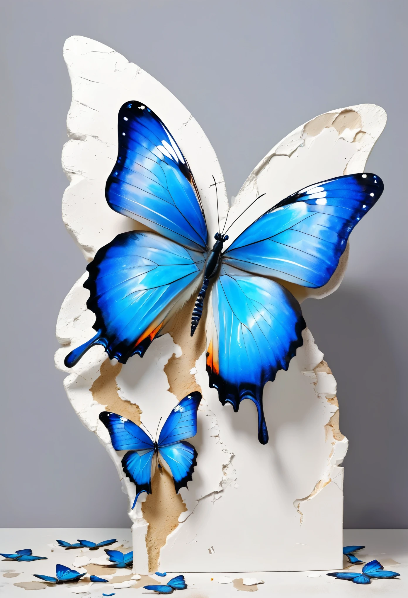 Art work，3D，A delicate blue butterfly in the portrait on a broken white plaster statue，grace，