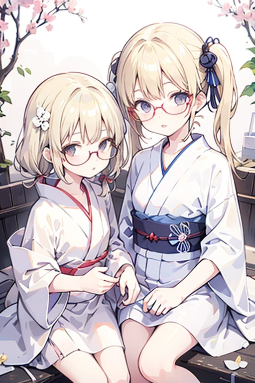 Two Girls,girl friend,micro yukata,Unbuttoned,Blonde twin tails,胸がUnbuttoned,(The yukata is transparent:1.2), ((younger sister:1.5)),Glasses,Flat Chest,