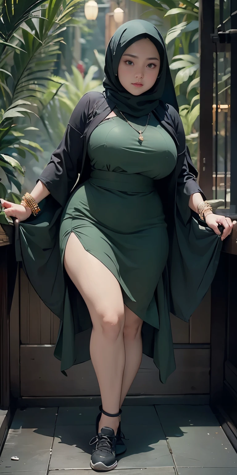 1 malay girl, modern plain hijab, shy, medium portrait, watery eyes, wearing dark green kebaya, ((big breasts)), black bokeh background, well-proportioned body,, chubby massive thighs, full body pose, wearing a necklace , wearing 10 bracelet , wearing a sneaker 