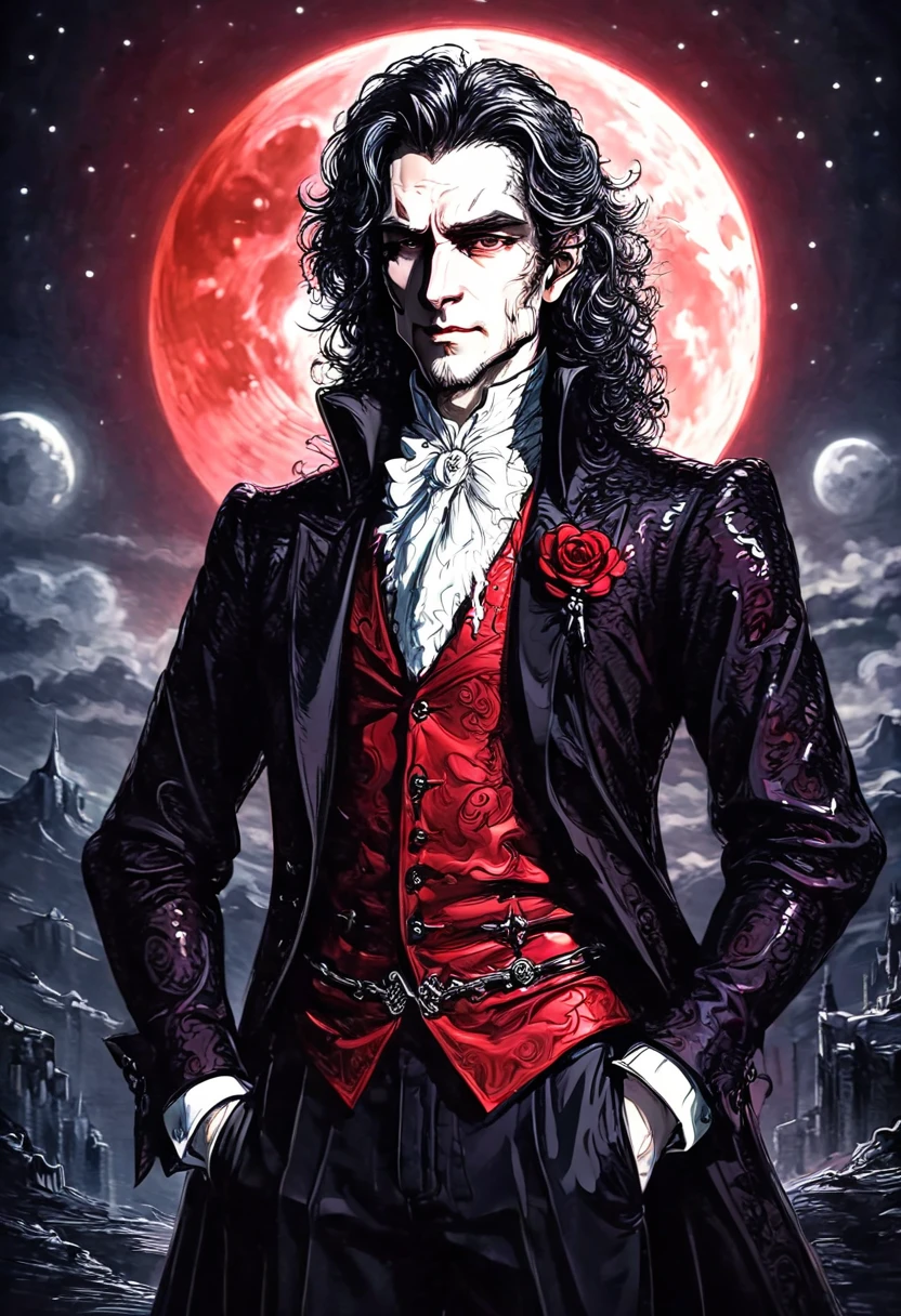 Pale skin handsome man, wearing beautiful elegant black_red suit, dark_fantasy, curly long hair, red moon, pixiv, vampire, elegant spooky, ffxiv, dramatic light, fantasy background, manga style, Tsutomu Nihei style, vibrant colors, Manga nib pen style, dramatic lighting, beautiful_sparkle background, ((shiny )), glistening, highly detailed, light, spooky atmosphere — quality, ((more details:1.5))