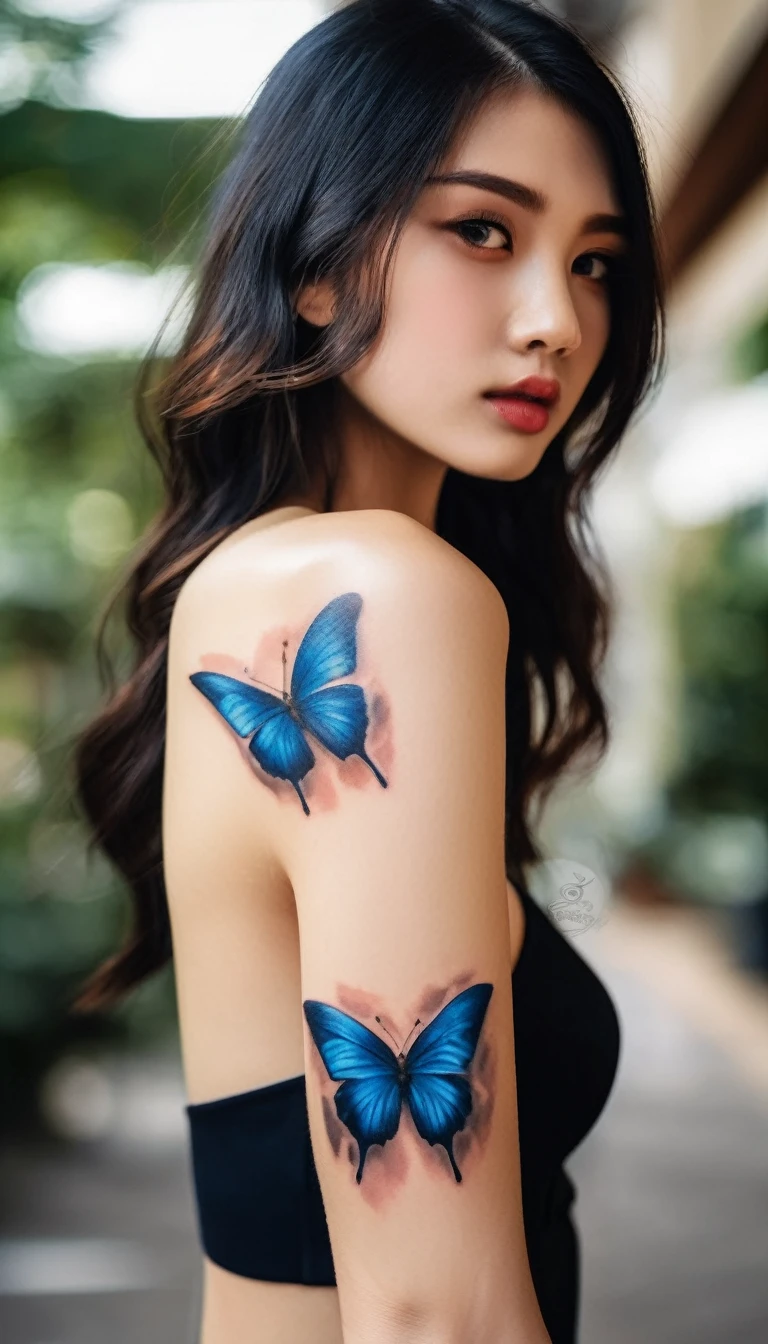 a close up of a woman with a blue butterfly tattoo on inside of forearm, a tattoo inspired by Anne Stokes, hyperrealism, tattoo style, tattoo ink, blue butterfly with beautiful wings, of taiwanese girl with tattoos, elegant suit