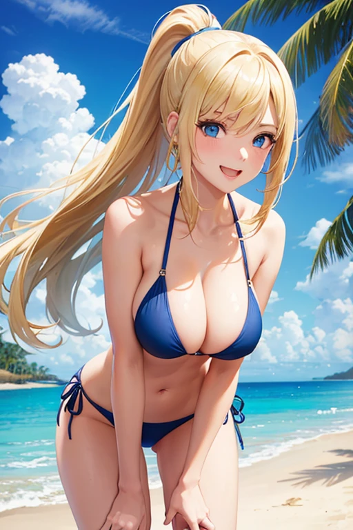 Woman with blonde and long and straight hair in a ponytail, bikini, big breasts, blue eyes, big breasts, stands on the beach with palm trees, laughs, looks at the camera, leans forward a little