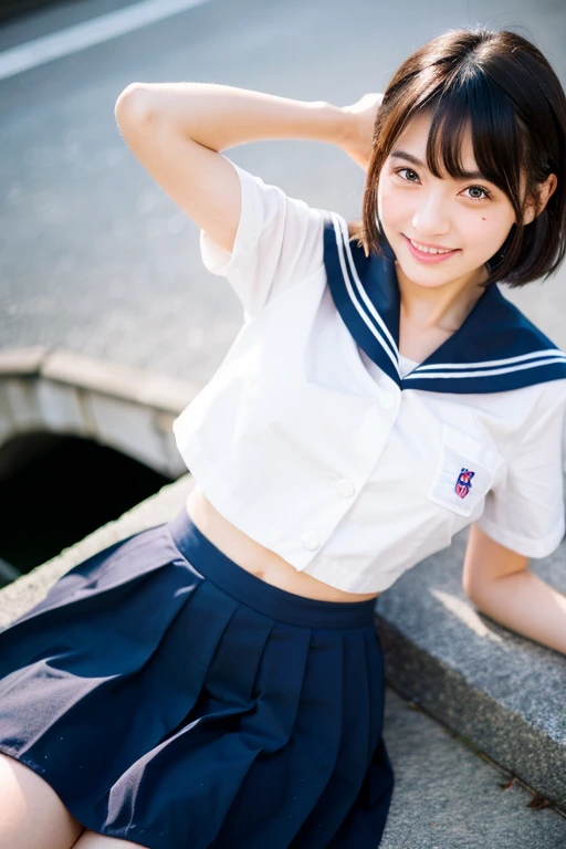 (RAW photo: 1.2), (Realistic: 1.4), Beautiful detailed girl, very detailed eyes and face, fine and beautiful eyes, large file size, very detailed, high resolution, very detailed, highest quality, masterpiece i, ((Japanese girl)), (Beautiful Realistic Asian), Solo, 1 girl, (Japanese High School Sailor Uniform, Perfect), (Perfect Anatomy, Beautiful Limbs, Healthy Body, Beautiful Skin), Sunny Day, Black Hair, Short Hair, Black Eyes, shape, highly detailed, CG, uniform, 8k wallpaper, amazing, fine details, masterpiece, top quality, highly detailed CG uniform 8k wallpaper, light on your face glowing, movie lighting, 1 girl,Japanese, Japanese girl, Japanese woman, neat high school girl, neat female college student, 1 girl, (Japanese girls' high school sailor suit, Perfect), (Japanese Girls' High School Blazer, Perfect), Skirt, (Perfect Anatomy, Beautiful Limbs, Healthy Body, Beautiful Skin), Sunny Day, Black Hair, Short Hair, Long Hair, Ponytail, Black Eyes , On the way home, Small breasts, Flat chest, 22 years old, On the way to school, Artistic., Beautiful woman, Beauty body, Laughing, ((Full body image)),white bra,white lace panties,