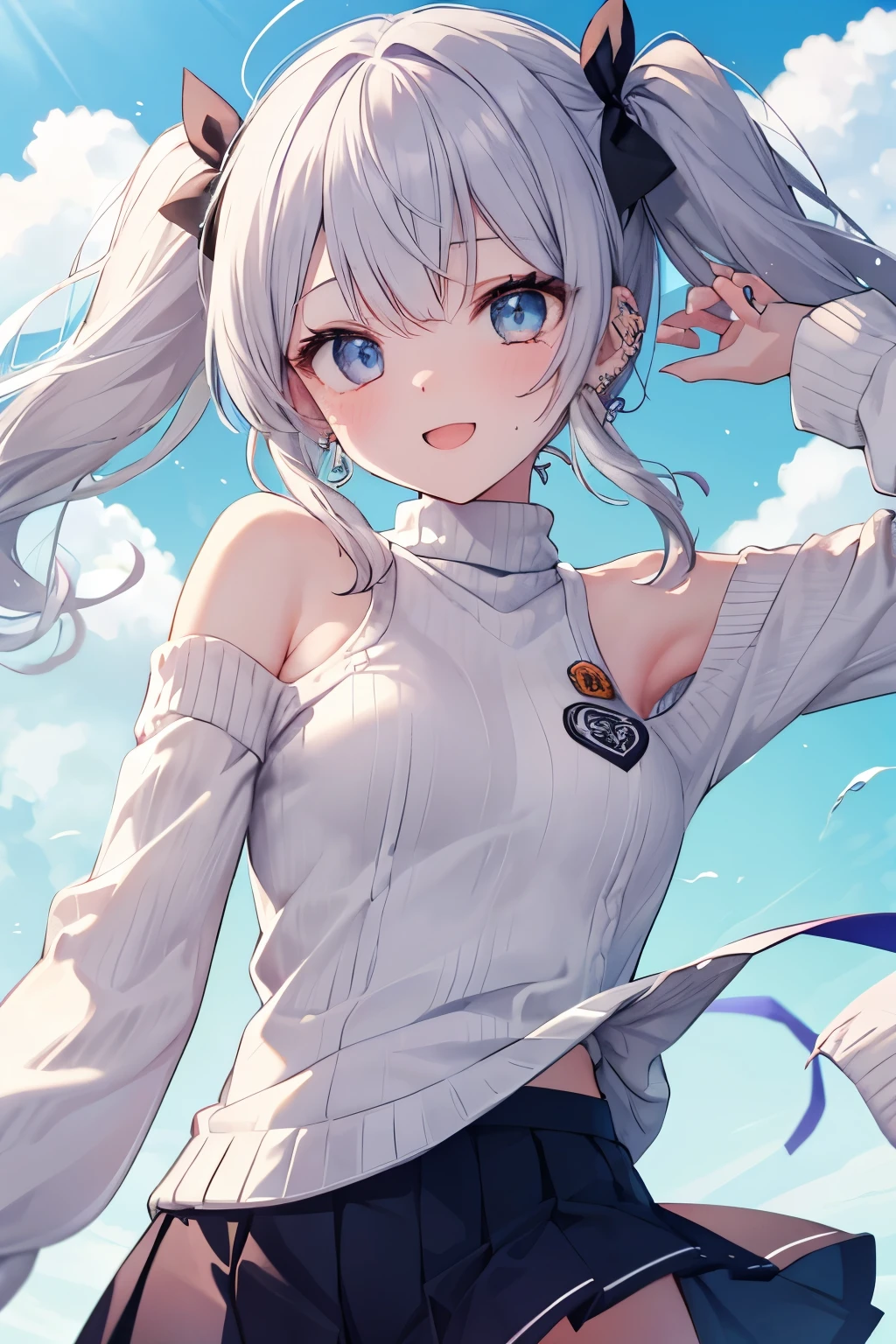 Silver-haired blue eyes、 girl、Small breasts、Twin tails、Laughter、Nico Nico Smile、Wink、 girl、Looks about 、Petan Musume、short、There are highlights on the eyes、Gal-like appearance、Wearing piercings、knit sweater
No sleeve
body line
arm pit、mini skirt、The wind is blowing and my panties are showing through my skirt、I'm sweating because it's so hot、blue sky、Lightly dressed and cute