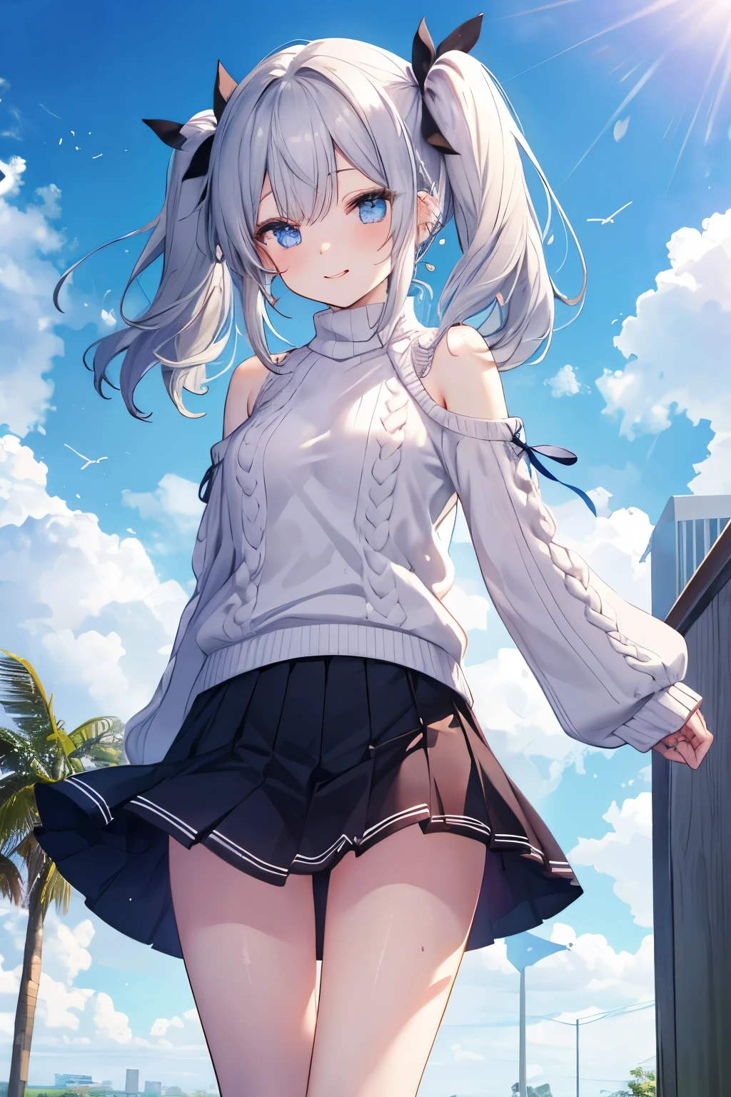 Silver-haired blue eyes、 girl、Small breasts、Twin tails、Laughter、Nico Nico Smile、Wink、 girl、Looks about 15 years old、Petan Musume、short、There are highlights on the eyes、Gal-like appearance、Wearing piercings、knit sweater
No sleeve
body line
arm pit、mini skirt、The wind is blowing and my panties are showing through my skirt、I'm sweating because it's so hot、blue sky、Lightly dressed and cute