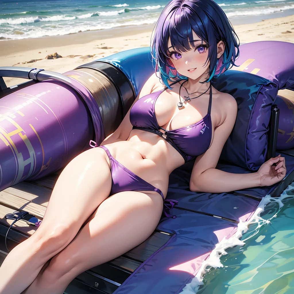 1girl, bangs, blue hair, multicolored hair, necklace, parted lips, purple eyes, short hair, smile, solo, two piece purple swimsuit, sandy pier background, lying on her back
