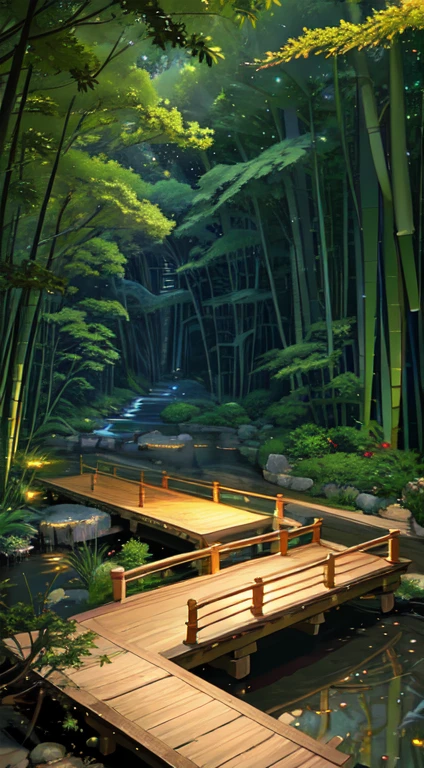 Japanese Garden, Small bridge and flowing water, Starry sky at night, Summer Day Night Sky, firefly, bamboo forest, Extreme details, realistic light, Epic creation, (Intricate details), (Complex design, Ultra Detail: 1.2), Art Station, (masterpiece, best quality), Ultra HD, 32k --v 6