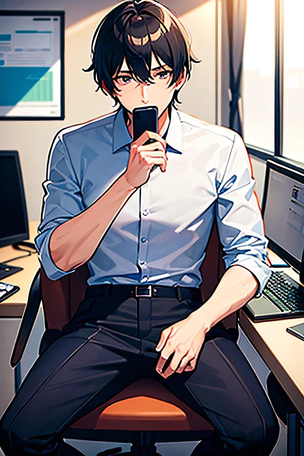Guy sitting at work in the office. He has a phone in his hands, in which he looks