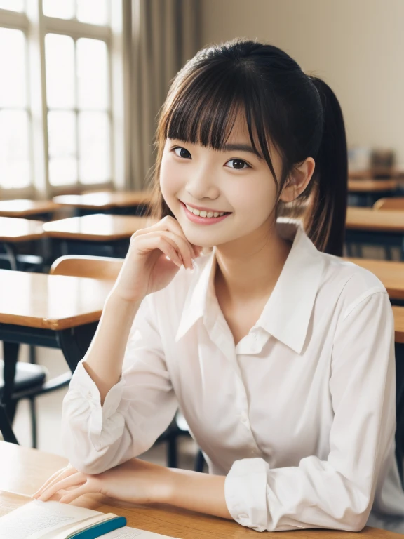 (masterpiece、high resolution、Sharp focuiddle school students, 女子, semi-long, Young face, Wearing a short-sleeved white shirt, Arms crossed, Chest on the desk, slouch, Emphasize your breasts by placing them on the table, Looking Ahead, ribbon、I have a pen、hairpin, ノート1 book、1 book、cute:1.5、Japanese women、17 years old、Study at a desk, Emphasize the chest, School classroom、Laughter、(Perfect Anatomy、Precise and beautiful hands and feet)、