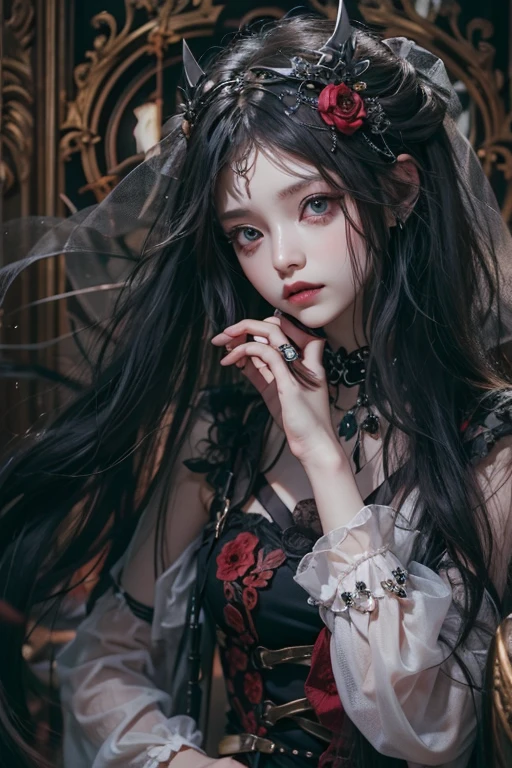 top-quality、8K、masterpiece:1.3、Gothic punk、Red inner color、A dark-haired、hair adornments、a beauty girl、creative、dark fantasy style、Neogos、Goth Fashion:1.2