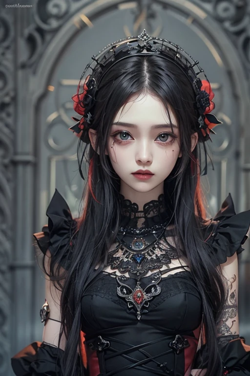 Highest quality、8k、masterpiece：1.3、Gothic Punk、Red on the inside、Gray Black Hair、hair ornaments、beautiful girl、creative、Dark Fantasy Style、Neogoth、Goth Fashion：1.2、High resolution、masterpiece、Highest quality、頭w:1.3、((Hasselblad Photos))、Fine skin、Sharp focus、(Cinema Lighting)、Realistic textured hair