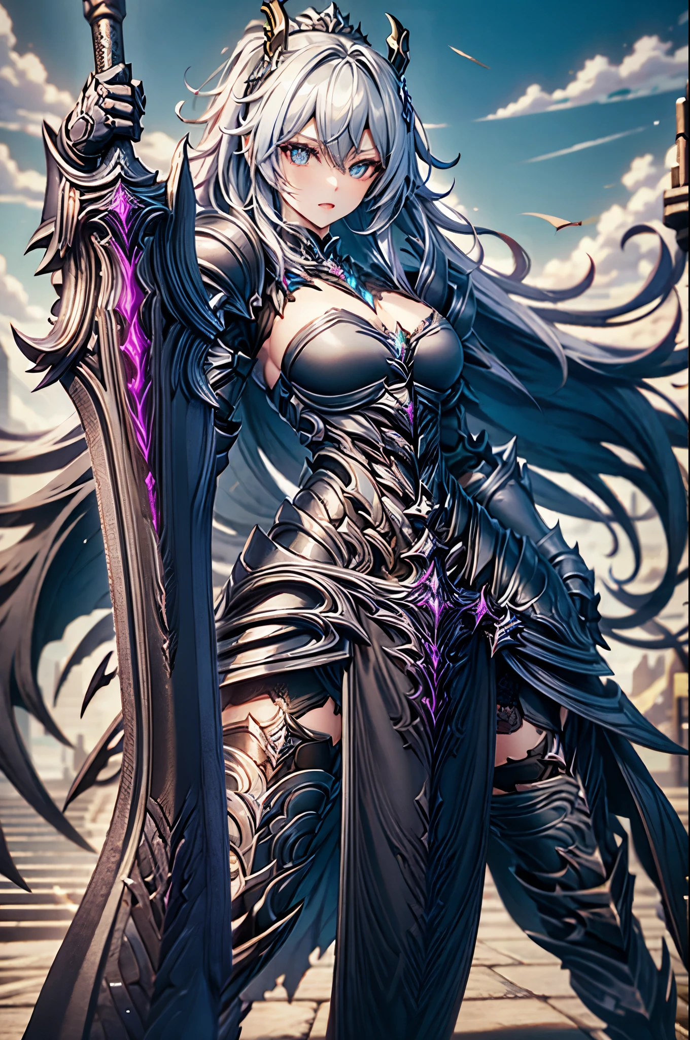 masterpiece, best_quality, grimdark, 1girl (Kiana_Kaslana), silver_hair, ponytail, medium_breasts, (plate_armor), ((full_armor)), ((((black_Armor)))), (black_knight), dual-wielding_axe