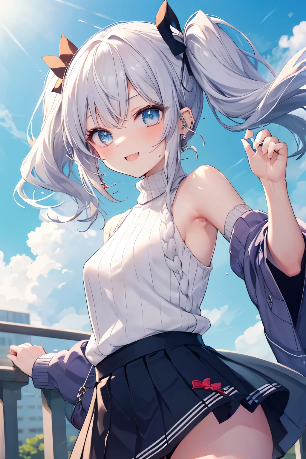 Silver-haired blue eyes、 girl、Small breasts、Twin tails、Laughter、Nico Nico Smile、Wink、 girl、Looks about 15 years old、Petan Musume、short、There are highlights on the eyes、Gal-like appearance、Wearing piercings、knit sweater
No sleeve
body line
arm pit、mini skirt、The wind is blowing and my panties are showing through my skirt、I'm sweating because it's so hot、blue sky、Lightly dressed and cute、Showing armpits、Side are visible