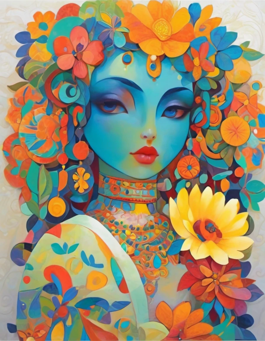 in style of Laurel Burch , character concept design, half body,
