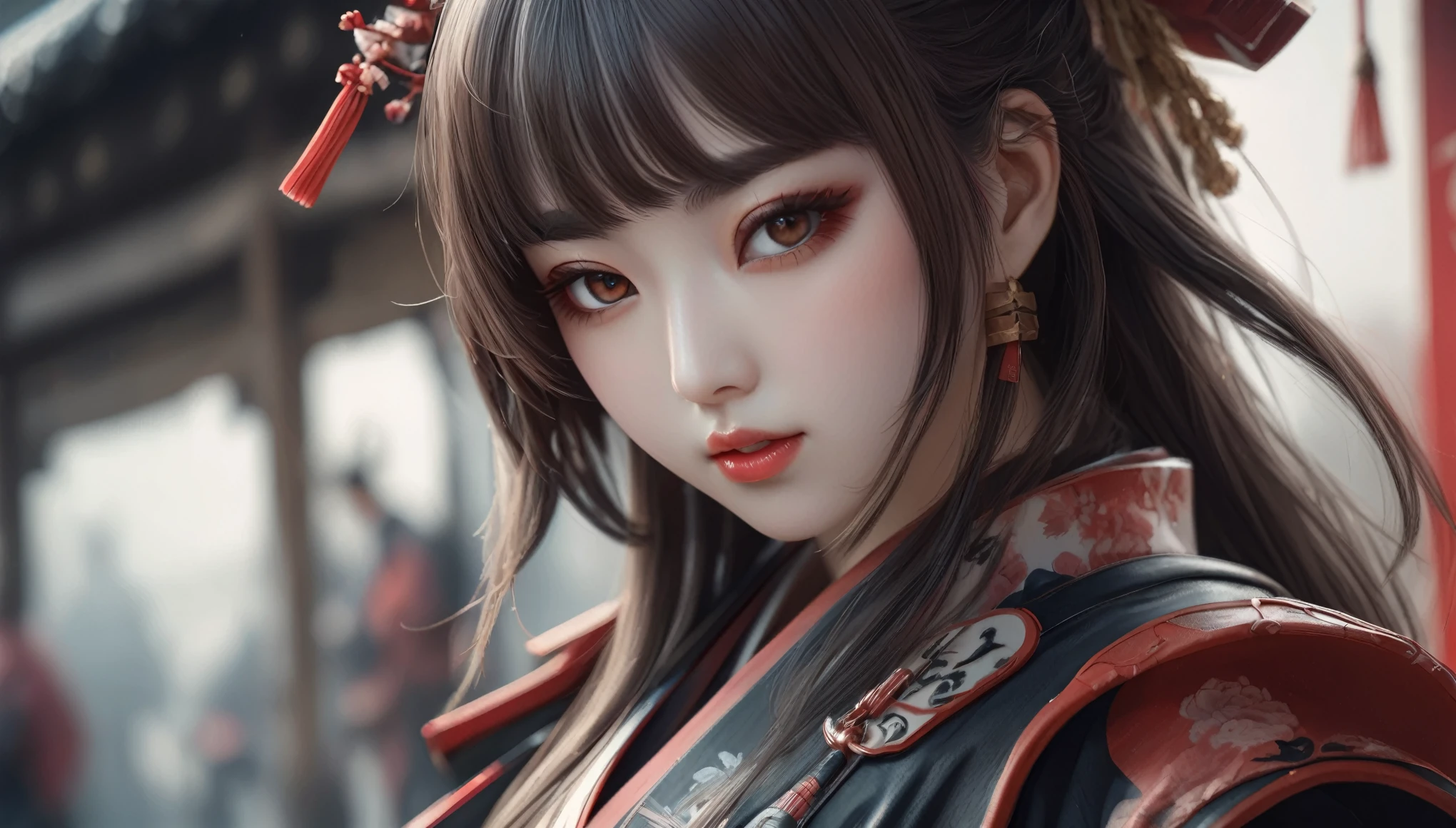 (Better Quality, High range, Ultra-detailed), Realistic, High resolution, solve, Detailed eyes and face, Detailed lips, Long eyelashes, juuichi , Beautiful Features, Curvy Body, Samurai costumes and armor,Look directly at the viewer, Intense expression, emotional expression, Mysterious atmosphere