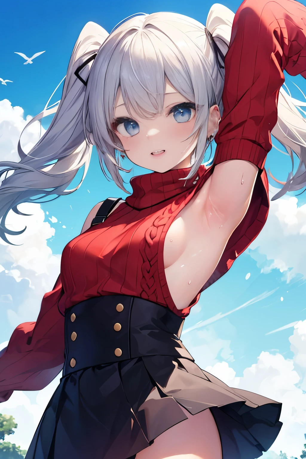 Silver-haired blue eyes、 girl、Small breasts、Twin tails、Laughter、Nico Nico Smile、Wink、 girl、Looks about 15 years old、Petan Musume、short、There are highlights on the eyes、Gal-like appearance、Wearing piercings、knit sweater
No sleeve
body line
arm pit、mini skirt、The wind is blowing and my panties are showing through my skirt、I'm sweating because it's so hot、blue sky、Lightly dressed and cute、Showing armpits、Side are visible