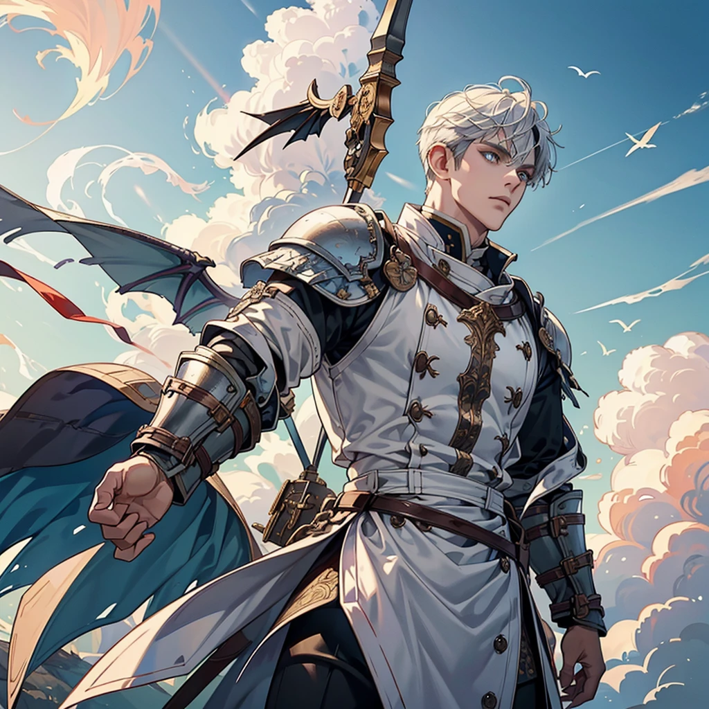 A young man, clad in shining armor, stood atop the Dragon Ridge, his broad shoulders squaring against the wind. In his hand, he gripped a majestic axe, its metallic surface gleaming under the sun's rays. Plate-haired and resolute, he gazed out at the expansive horizon, his intense gaze fixed on the breathtaking sight before him: a magnificent white dragon, illuminated against the azure sky. Its wings spread wide, it soared above, the sun casting an ethereal glow upon its scales. The knight's determined expression spoke volumes, as he prepared to embark on his valiant quest to protect his kingdom from the fearsome