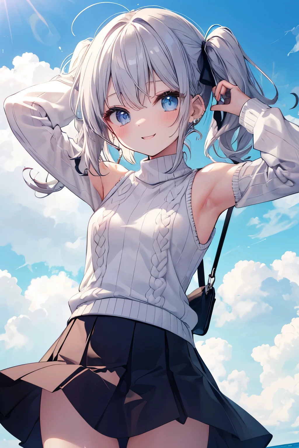 Silver-haired blue eyes、 girl、Small breasts、Twin tails、Laughter、Nico Nico Smile、Wink、 girl、Looks about 、Petan Musume、short、There are highlights on the eyes、Gal-like appearance、Wearing piercings、knit sweater
No sleeve
body line
arm pit、mini skirt、The wind is blowing and my panties are showing through my skirt、I'm sweating because it's so hot、blue sky、Lightly dressed and cute、Showing armpits、Side are visible
