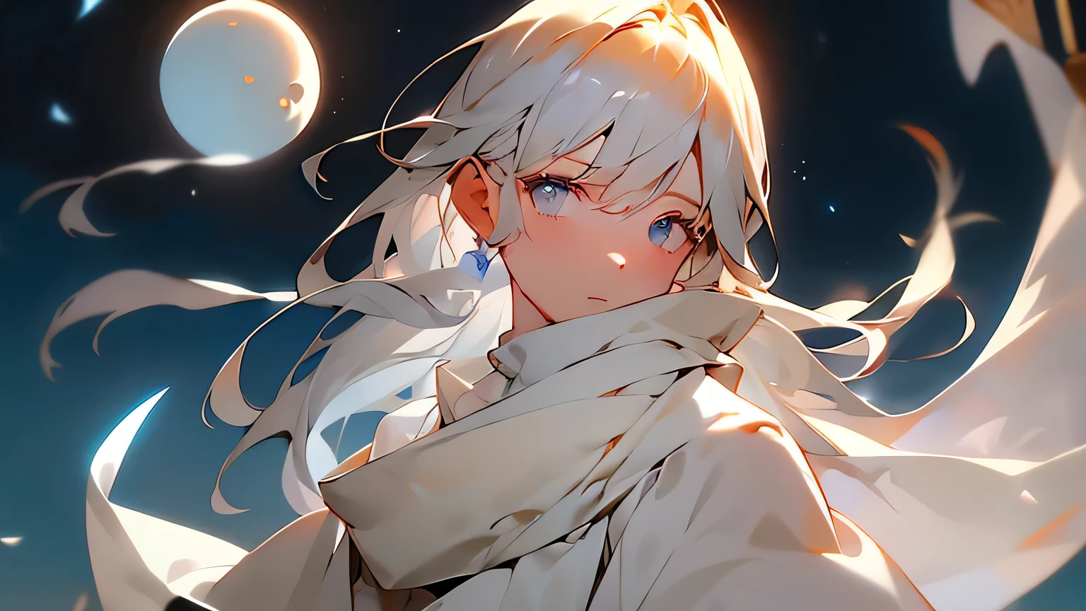 White cloth ghost Flying in the night sky A full moon filling the entire field of vision Shrine grounds Backlit by the moon The ghost's hair is brown One strand of hair is covering the entire face