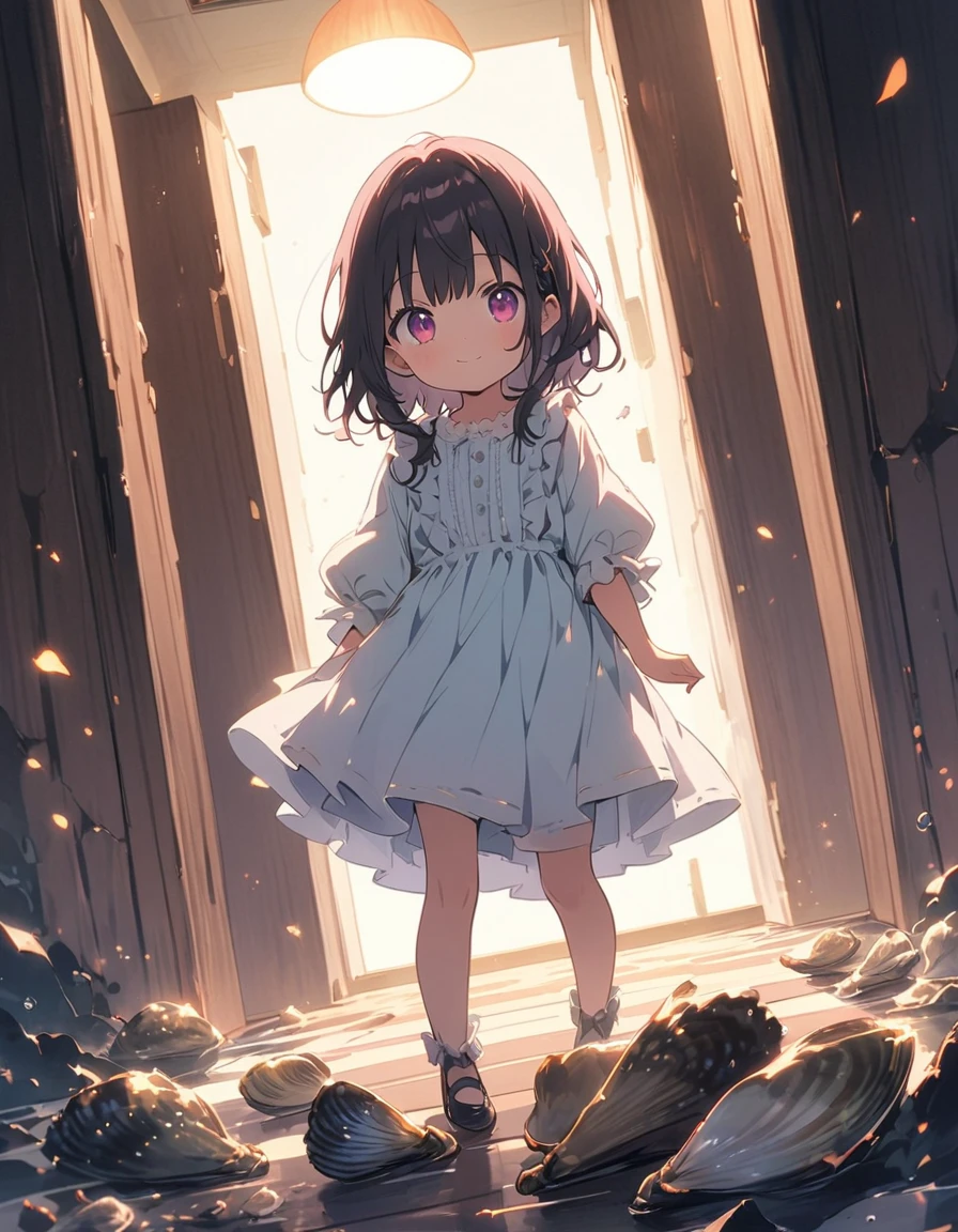 (masterpiece),(highest quality), figure,  ((oysters:2)), Gray wavy hair, Long eyelashes, Round eyes, smile, (cherry blossoms:1.2)、(美味しいOceanの幸)、(清浄Ocean域アジワ)、(Warm Beach:1.4)、(Ocean:1.6)、Outdoor、Surrealism, Anaglyph, Stereogram, Atmospheric perspective, 8k, Super Detail, Accurate, highest quality, 超High resolution, Textured skin, Pale maroon frilled dress, (pastel colour) , paper_cut、(highest quality、masterpiece、High resolution、detailed)、animeスタイル、Flat Style、(Shining Eyes、detailed美しい顔),  BREAK,1 girl、extremely detailed(The Shining), Best lighting, Best Shadow、floating, (High saturation),Dynamic Angle、anime