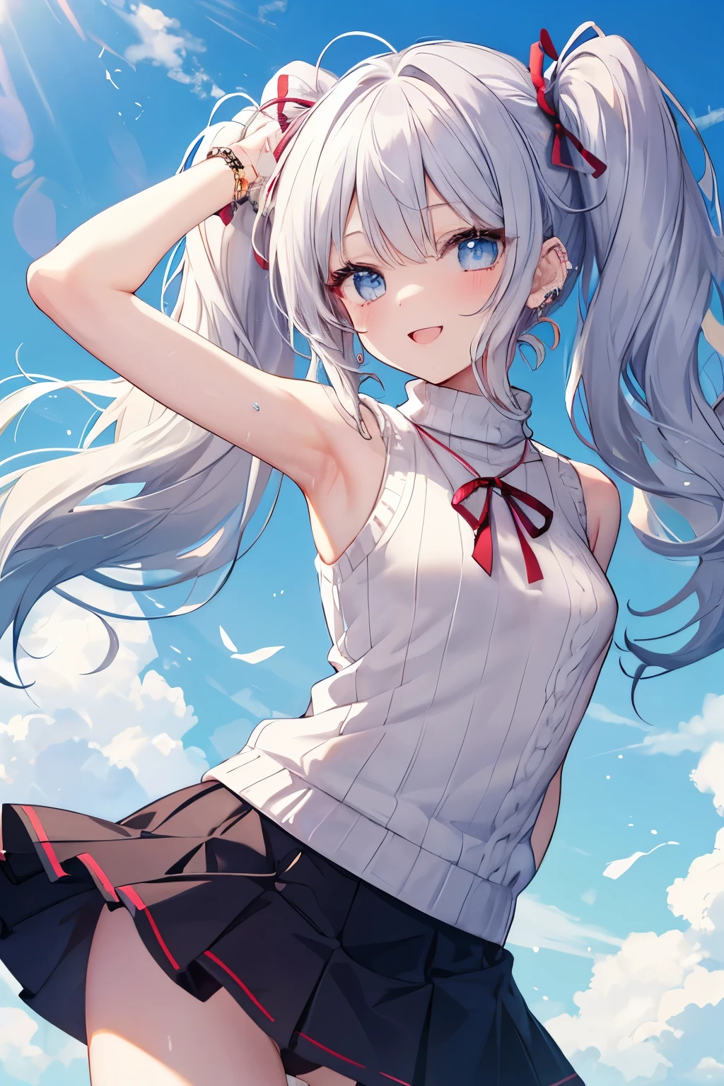 Silver-haired blue eyes、 girl、Small breasts、Twin tails、Laughter、Nico Nico Smile、Wink、 girl、Looks about 15 years old、Petan Musume、short、There are highlights in the eyes、Gal-like appearance、Wearing piercings、Knit sweater, sleeveless, body line, underarm、mini skirt、The wind is blowing and my panties are showing through my skirt、It was so hot that I sweated、blue sky、Light and cute、Show your armpits、Side view