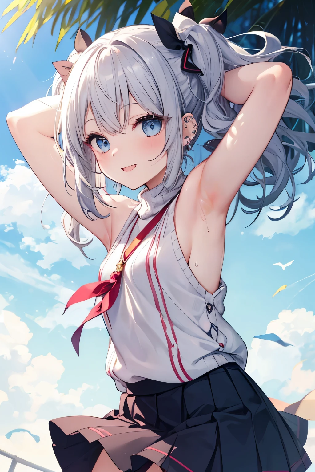 Silver-haired blue eyes、 girl、Small breasts、Twin tails、Laughter、Nico Nico Smile、Wink、 girl、Looks about 15 years old、Petan Musume、short、There are highlights on the eyes、Gal-like appearance、Wearing piercings、Sexy short sleeve outfit、mini skirt、The wind is blowing and my panties are showing through my skirt、I'm sweating because it's so hot、I can see your belly button、blue sky、Lightly dressed and cute
