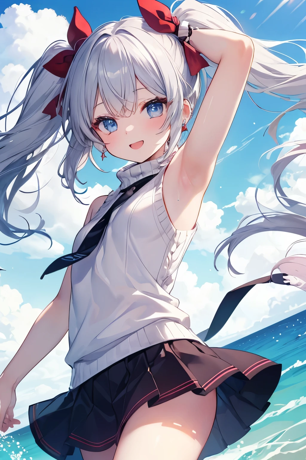 Silver-haired blue eyes、 girl、Small breasts、Twin tails、Laughter、Nico Nico Smile、Wink、 girl、Looks about 、Petan Musume、short、There are highlights in the eyes、Gal-like appearance、Wearing piercings、Knit sweater, sleeveless, body line, underarm、mini skirt、The wind is blowing and my panties are showing through my skirt、It was so hot that I sweated、blue sky、Light and cute、Show your armpits、Side view