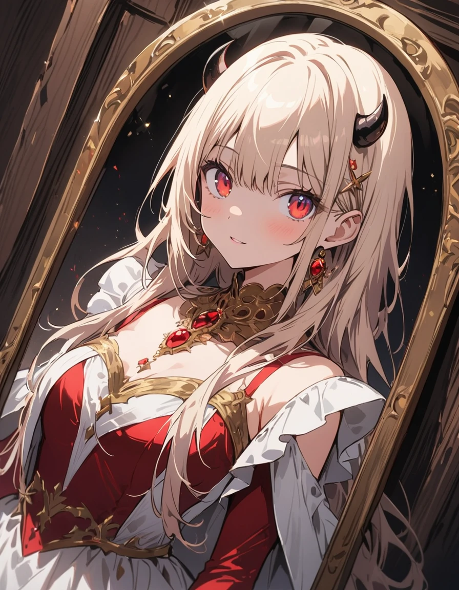 (masterpiece),(highest quality), figure, (Fantasy:1.4), A cute a girl stands in front of a beautifully gold-decorated oval mirror. A girl is dressed in a lovely light red dress, with a small light red ribbon on its head. In the mirror, a majestic devil girl is reflected, wearing a black glowing devil outfit and black horns. The setting is an attic, with sparkling particles of light emanating from the mirror in a circle.(highest quality、masterpiece、High resolution、detailed)、animeスタイル、Flat Style、(Beautiful Eyes, Delicate and beautiful face), BREAK,1 girl、extremely detailed(The Shining), Best lighting, Best Shadow、floating, (High saturation),Dynamic Angle、anime