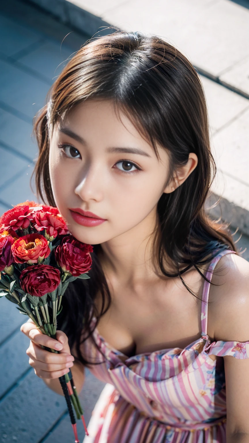 ((Emo art)),(8k, RAW photo, best quality, masterpiece),(photorealistic), HDR, UHD, dynamic,(colorful) , blooming light effect, BREAK one girl, solo, cleavage ,(extremely beautiful lady ),(from above at viewer),((show legs)) ,busty,intricate details, adorable, vibrant, playful, perfect hands, detailed hands, perfect eyes, detailed eyes,(cheerful),(gyaru), (tanned skin), (dynamic posing),(realistic skin and hair texture, detailed beautiful & luster & grossly),((short blonde hair:1.3)),(streaked hair),Long narrow eyes, nasally face ,A nicely protruding chin,(High nose),((Long bangs)),enchanting, adorned, charming,captivating, alluring, stylish, bedazzled, BREAK ((beautiful woman with a bouquet of Carnations:1.3)), (digital artwork), ((double exposure style)), BREAK ((abstract Cubism, Geometrization:1.3)), digital art, (A garden surrounded by lots of carnations background), ((wearing Dresses that turn into particles in flowers)), (multiple colorful Carnations), BREAK ((wearing Dresses turning into particles of colorful flowers)), (multiple colorful Carnations), BREAK Best quality, BREAK (wind),BREAK (abstract background,watercolor style,deep and bright colorful Carnations gradient,soft texture,ink bleeding on wet paper,irregular shapes and flow,artistic ambiance,creative expression,suggestive of water elements,vibrancy of color palette,contrast of color intensity,handcrafted feel,rustic and natural mood:1.5),