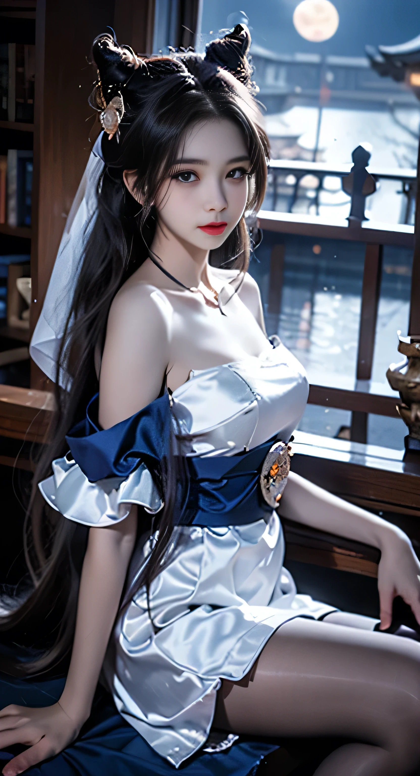 best quality, tmasterpiece,Ultra-high resolution,Clear face,（Reality：1.4），ferpect lighting，(upper body shot), (photorealistic:1.50), anime wallpaper, Guviz style artwork, cover-up fantasy up to magic , by Yang J, Guviz, beautiful artwork illustration, beautiful digital artwork, beautiful digital illustration, Li Song, beautiful anime portrait, art style in Beauvot, 1girl, 独奏, long hair, (Head wings:1.3), (blue hair), Tank top, Pleated skirt, standing, Arms behind back, pale skin,perfect body,long hair,tassels,tassel earrings ,(close-up photos:1.1),(super giant breasts:1.3),(arms behind back),white hair,(hair ornament),
